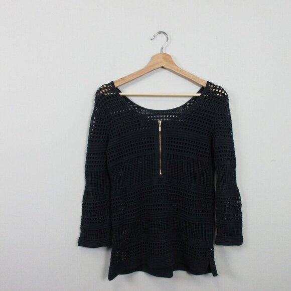 Club Monaco Open Knit Sweater Top Women S Crochet Black Cotton Blend Luxury 276 - Picture 2 of 11